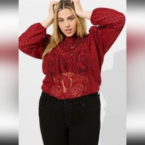New Torrid 2X Mixed Lace High Neck Top-Rhubarb/ Dark Red NWT